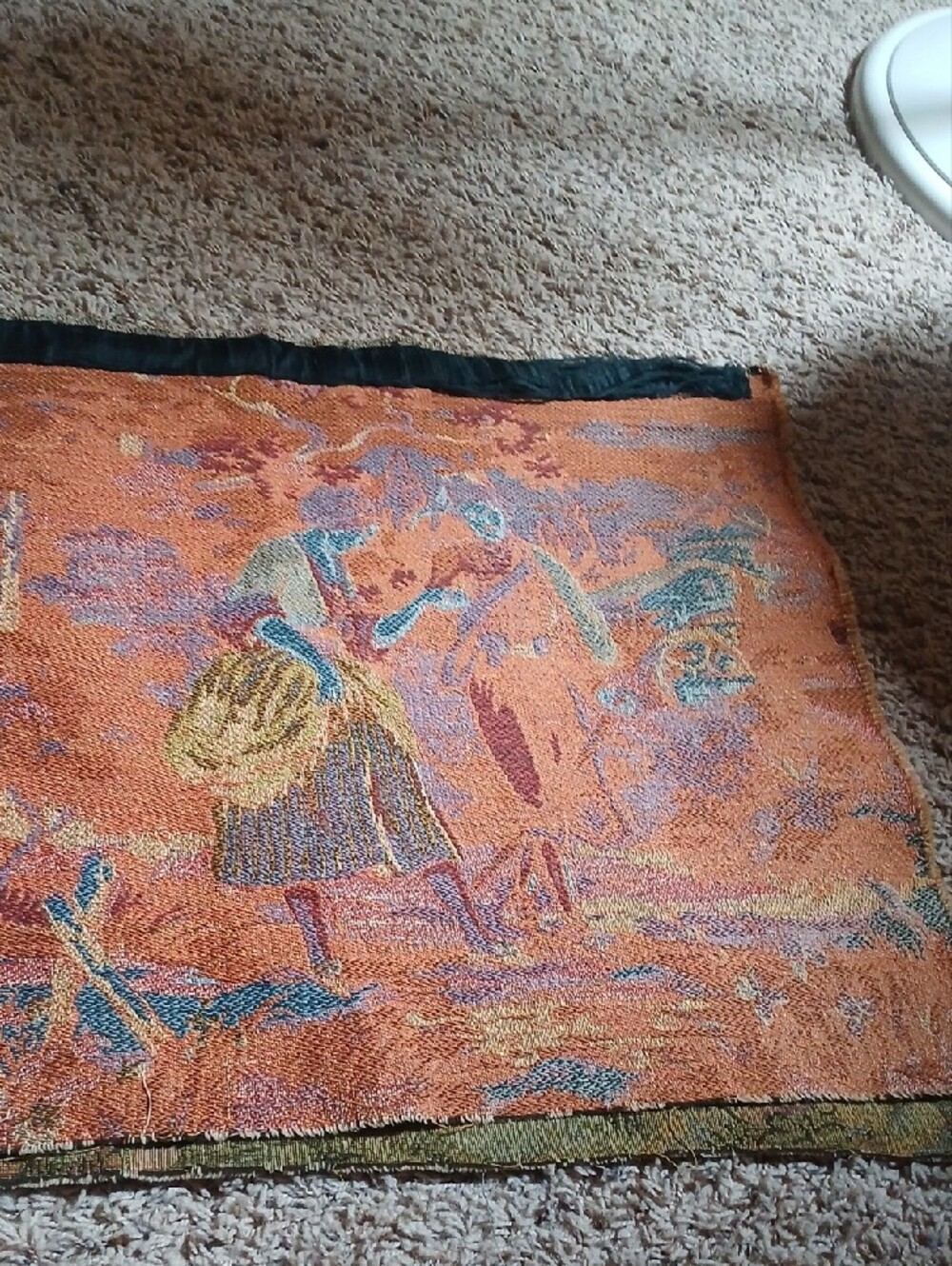 Vintage Tapestry Panel with Pastoral Couple in Soft Greens and Pinks - Picture 11 of 11